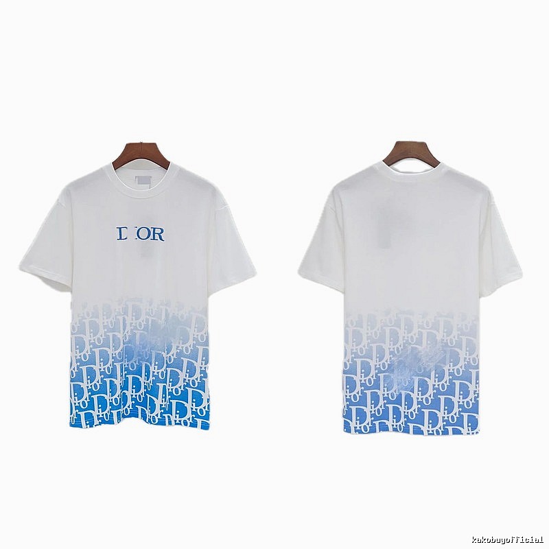 Dior Oblique Gradient Trendy Style Blue and White Short-sleeved T-shirt