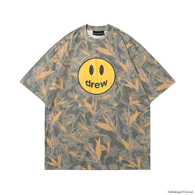 DREW Smiley All-over Print Street Style Grey and Yellow Short Sleeve T-Shirt