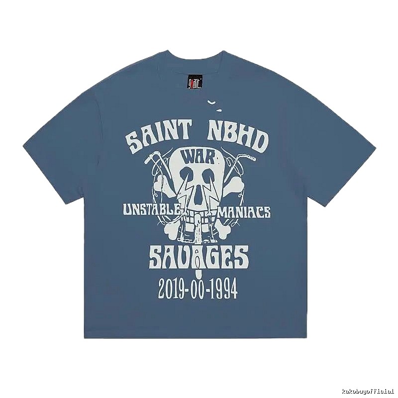 SAINT Skull Print Vintage Grey-Blue Short Sleeve T-Shirt