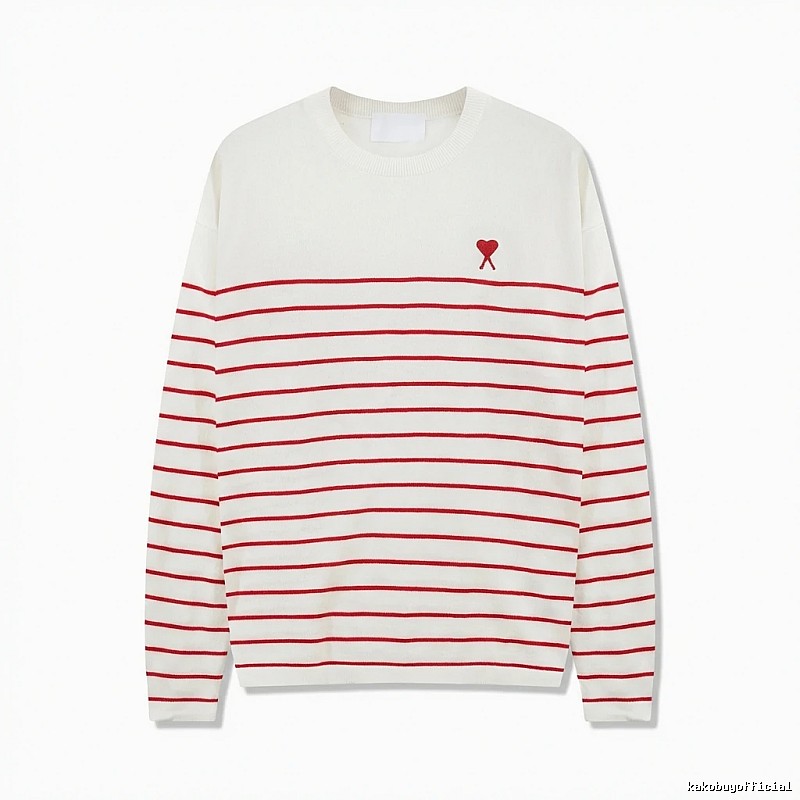 AMI Stripe Heart White Sweater