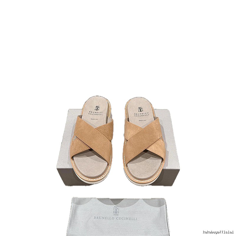 Brunello Cucinelli Casual-style Camel Cross-strap Slide Sandals