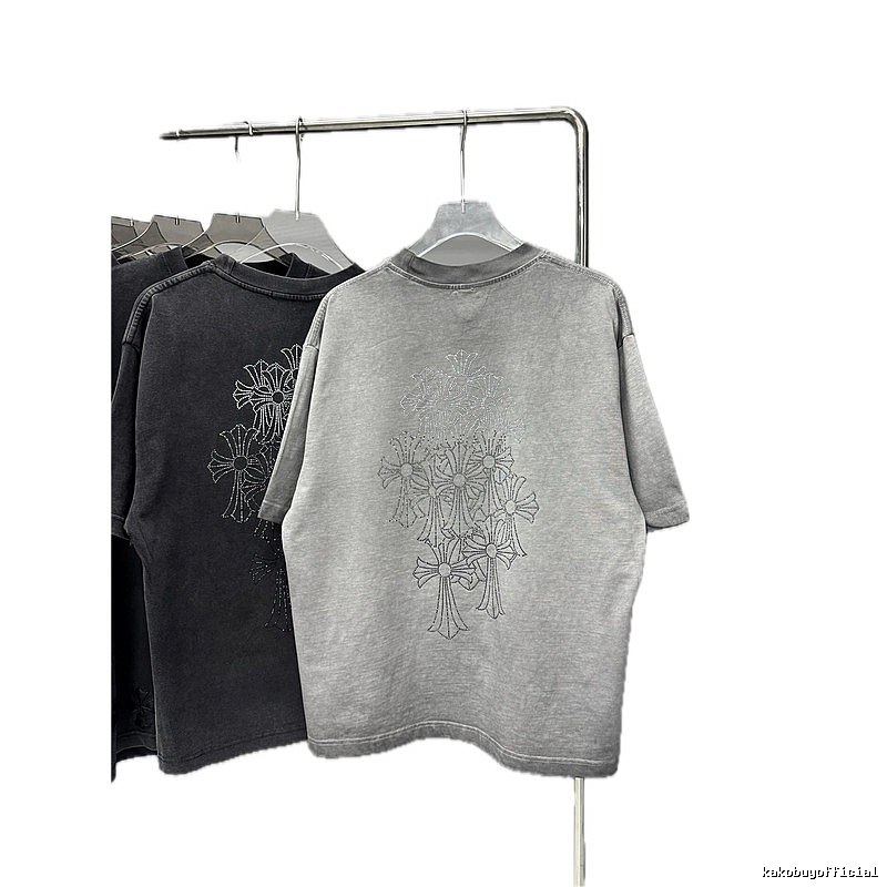 Chrome Hearts Cross Hot-stamped Rhinestone Street-style Grey Short-sleeve T-shirt