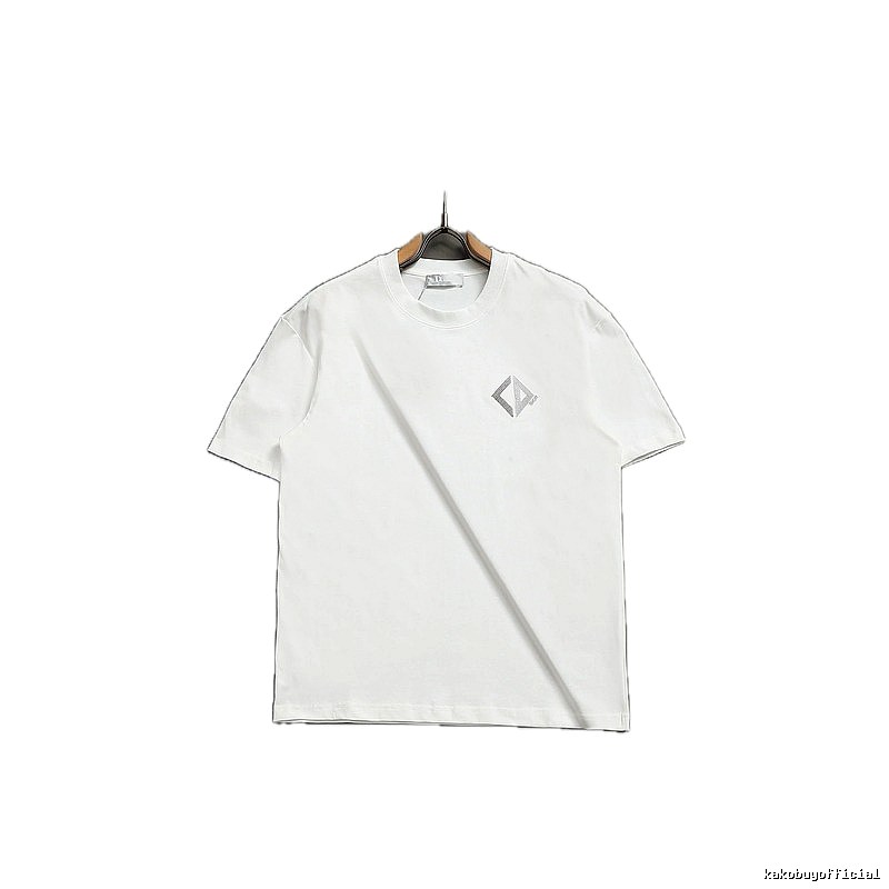 Dior Diamond Check Embroidered Minimalist Style White Short-Sleeve T-Shirt