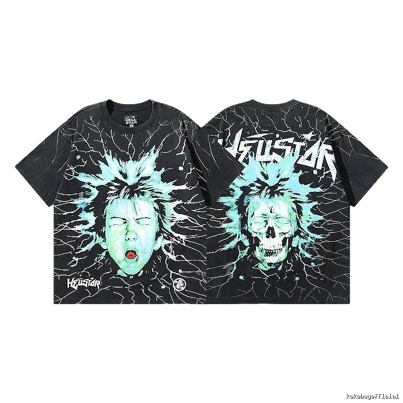 Hellstar Skeleton Print Street Style Black and Green T-shirt