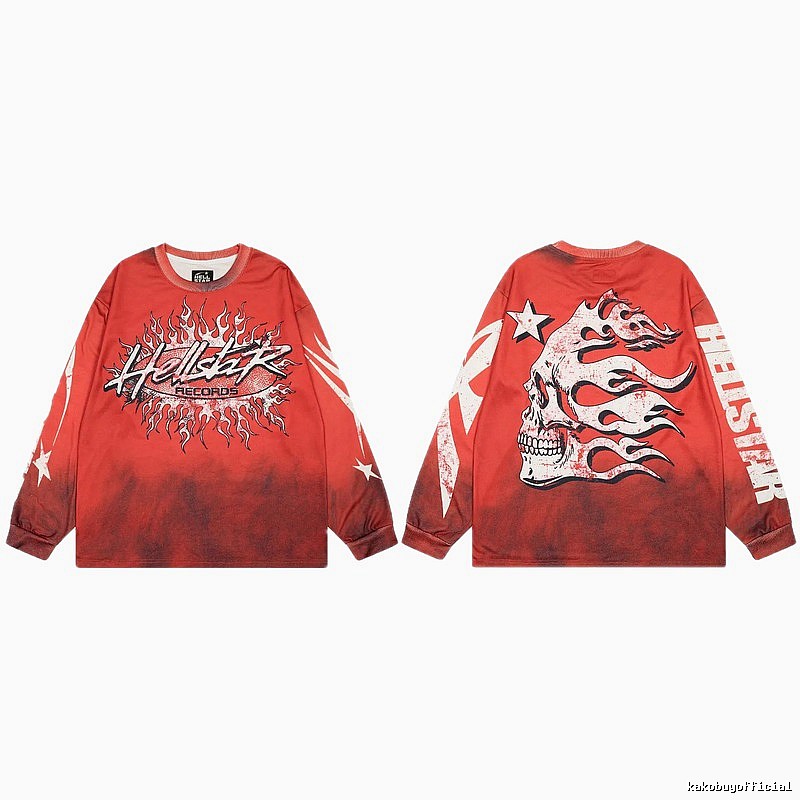 Hellstar Skull Flame Street Style Red Long Sleeve T-shirt