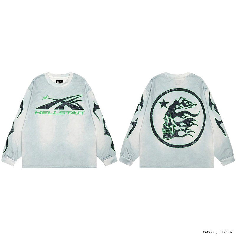 Hellstar Skull Print Street Style Light Gray Long Sleeve T-Shirt