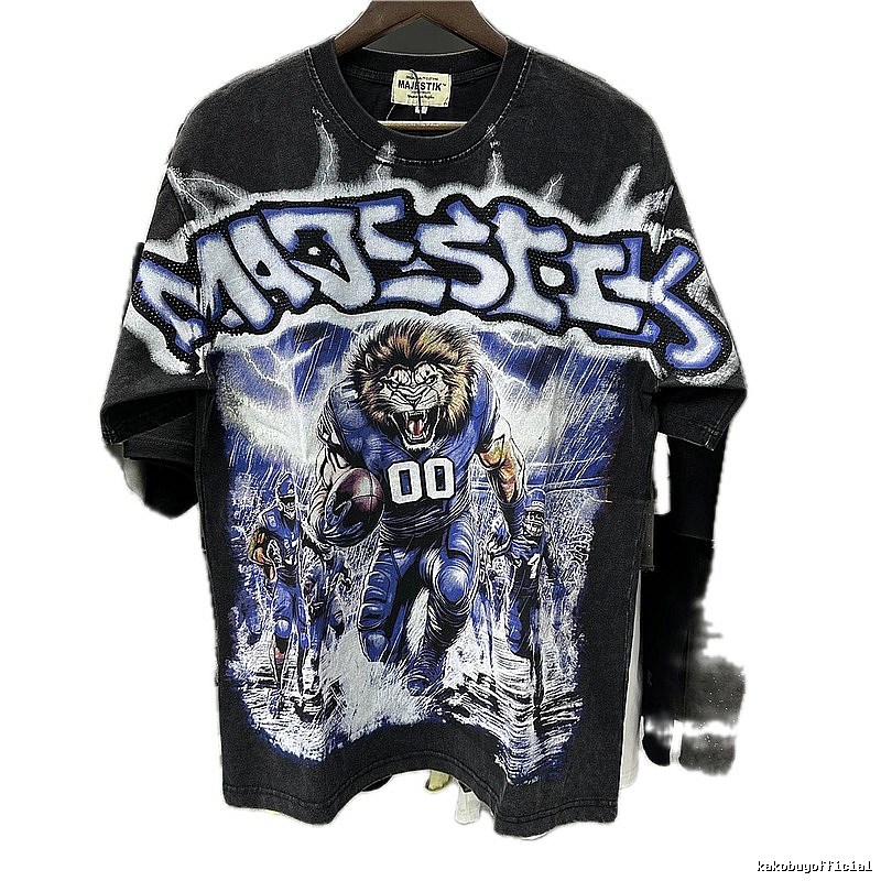 MAJESTIK American Retro Lion Printed Black Short-sleeve T-shirt