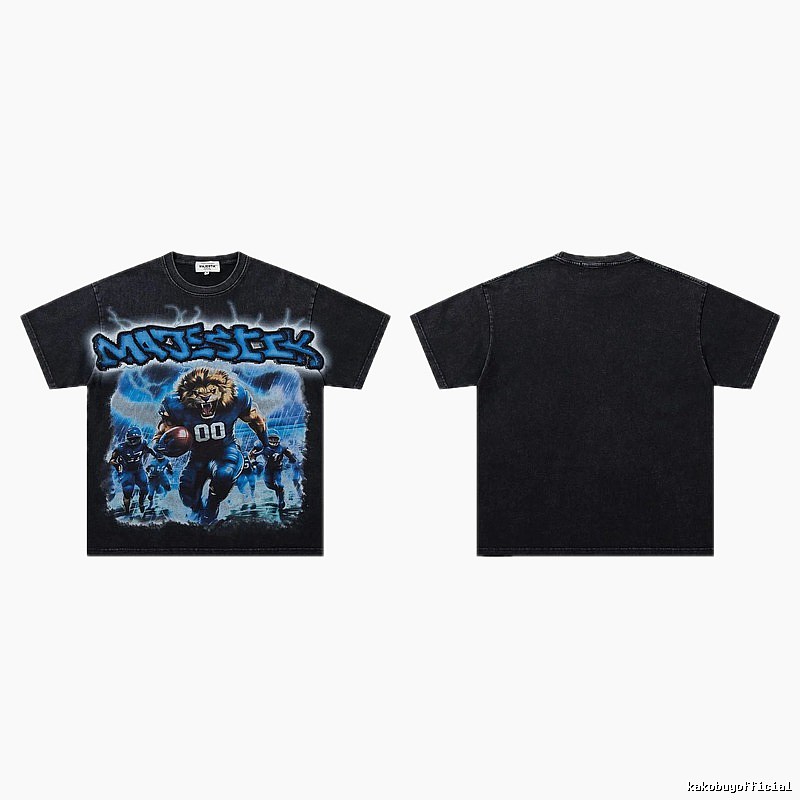 MAJESTIK Lion Head Rugby American Retro Black T-Shirt