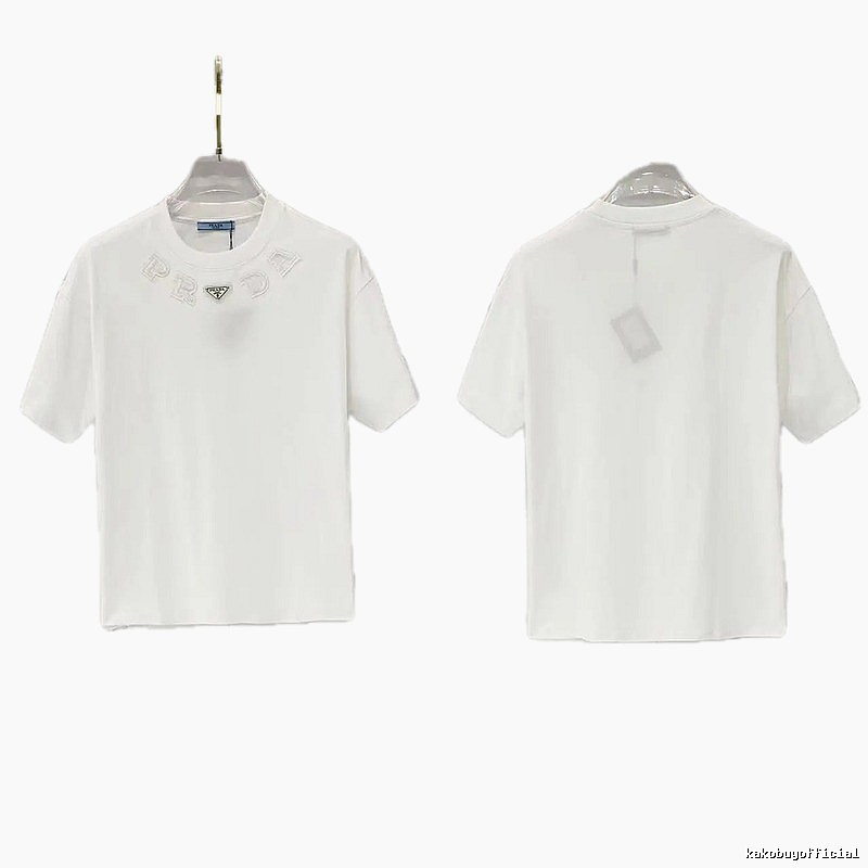 Prada Embroidered Minimalist Style White Short-sleeved T-shirt