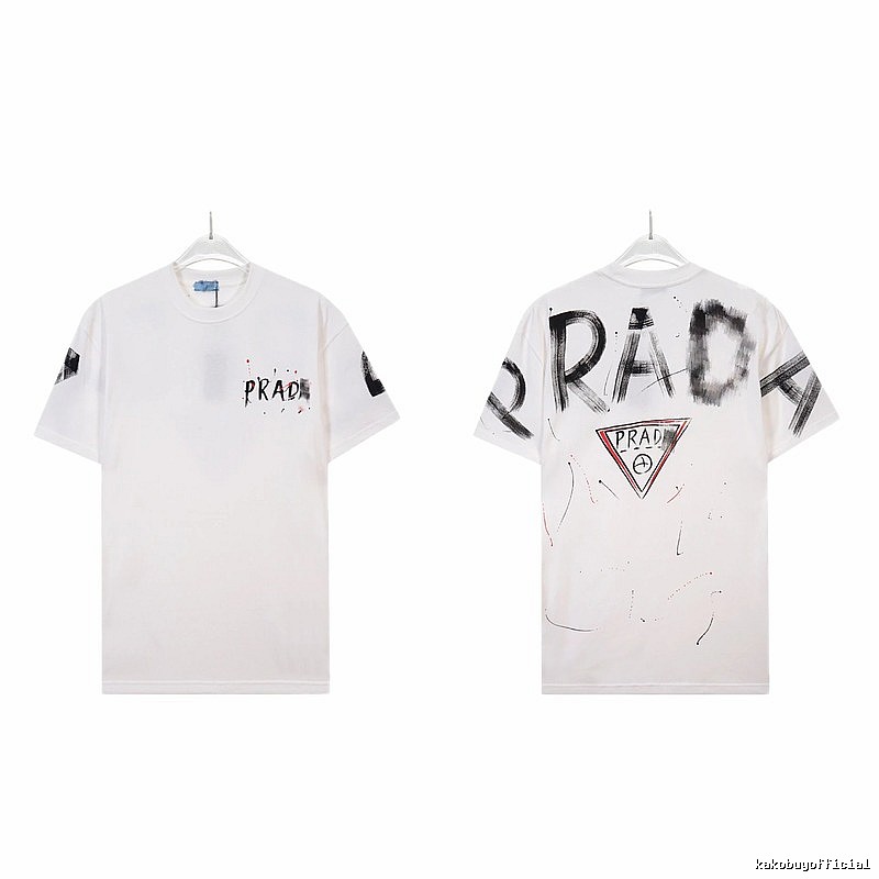 Prada Triangle Logo Graffiti Street Style White Short-sleeve T-shirt